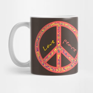 Peace and lovel, colorful and groovy hippie sign Mug